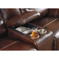 Catanzaro Mahogany Power Reclining Console Loveseat w/ Adjustable Headrests-Jennifer Furniture